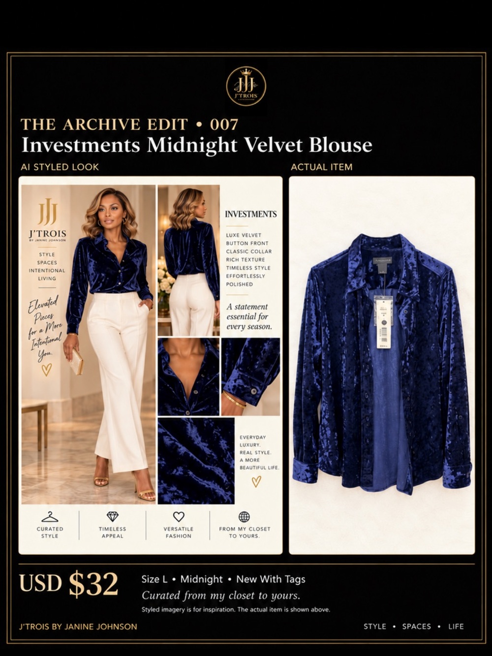 Investments Midnight Velvet Blouse - Deep Navy Blue